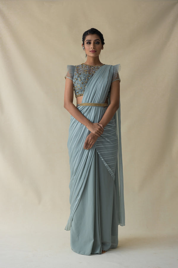 Mirror Work Powder Blue Draped Saree Set – PritikaVora