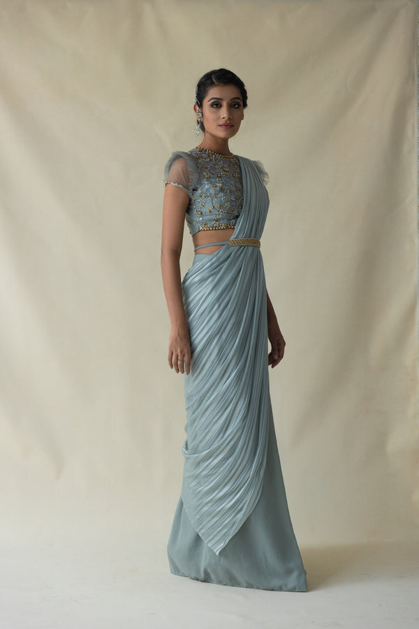 Powder Blue Georgette Floral Embroidered Saree at Soch