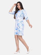 Floral Print Cotton Dress For Women - White and Blue