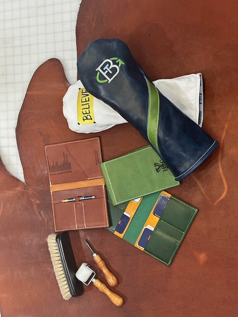 Group picture of Headcover & Scorecard Holder with leather working tools 