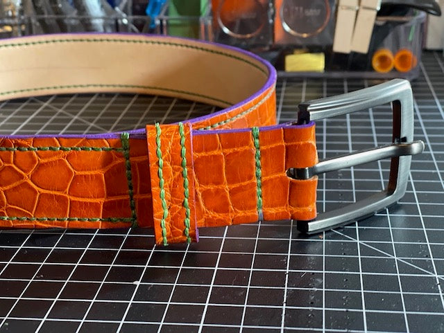 Orange Crocodile Belt with purple edge and green stitching