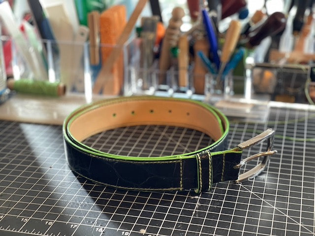 Navy Crocodile Belt with Green Edge Paint