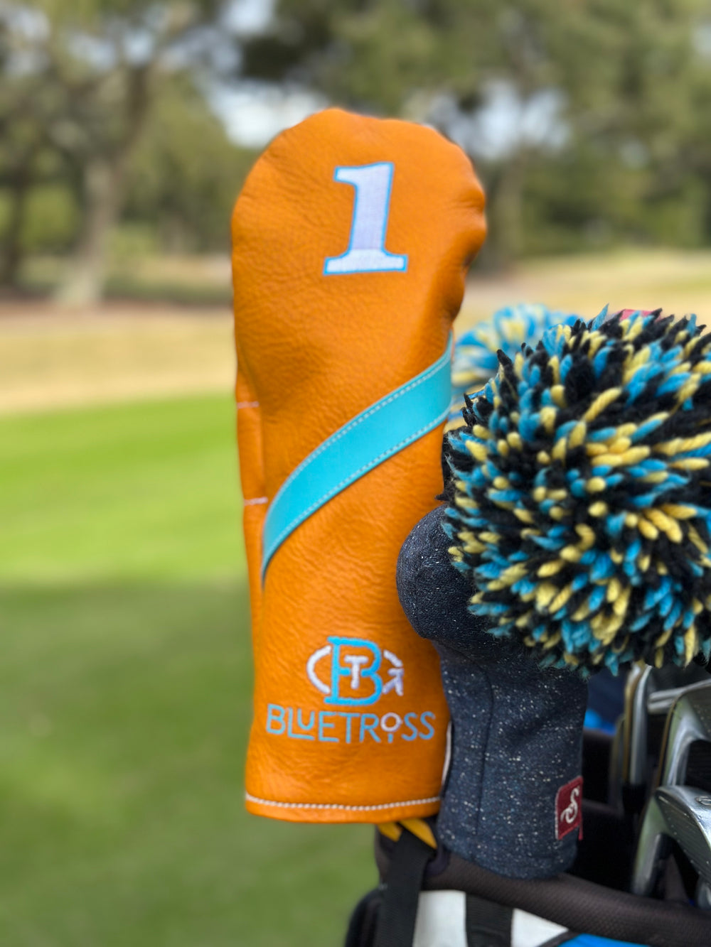 Yellow Headcover with blue strip on golf club on golf course