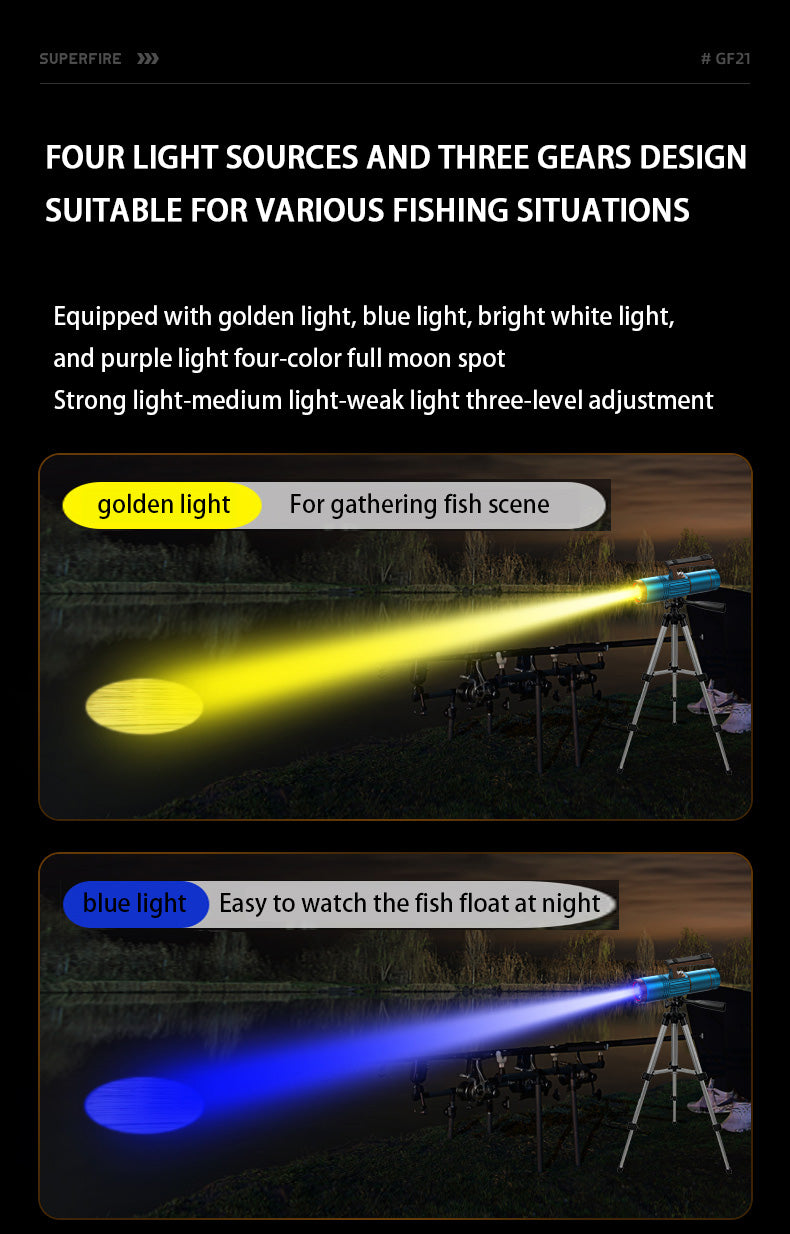 FOUR LIGHT SOURCES AND THREE GEARS DESIGN SUITABLE FOR VARIOUS FISHING SITUATIONS Equipped with golden light,blue light,bright white light, and purple light four-color full moon spot Strong light-medium light-weak light three-level adjustment golden light For gathering fish scene blue light Easy to watch the fish float at night