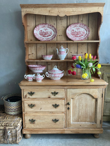 Antique pine dresser with pink and white china at Source for the Goose
