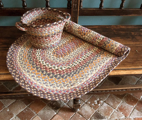 Misty Blue braided rug and basket, buy at Source for the Goose 