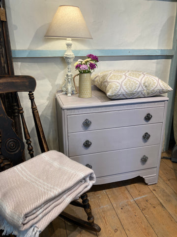 Chest of drawers painted in Annie Sloan Paloma with co-ordinating soft furnishings