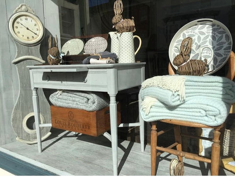Nordic, Gustavian inspired window display at Source for the Goose, Devon