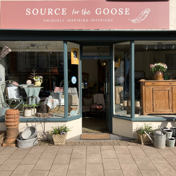 Shop window display of enticing home interiors at Source for the Goose, Devon, UK