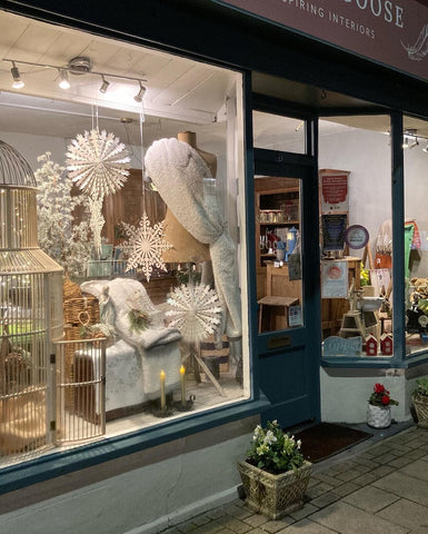 Christmas window display at Source for the Goose, Devon, UK