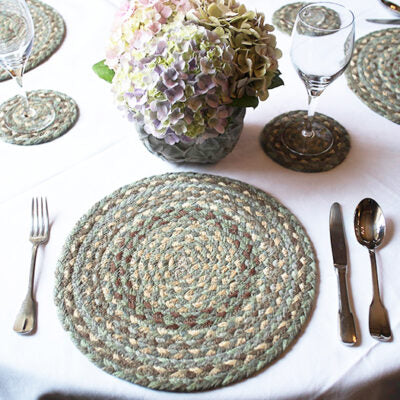 Placemat and coasters in Seaspray by the Braided Rug Company at Source for the Goose