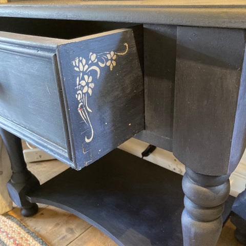 Oxford Navy chalk painted bedside table with stencilled drawer