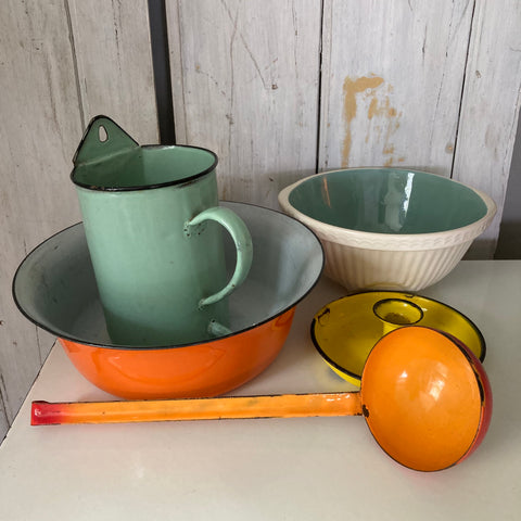 Items of vintage enamelware at Source for the Goose