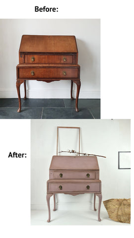 Before and after images of old wooden bureau painted in Annie Sloan Paloma