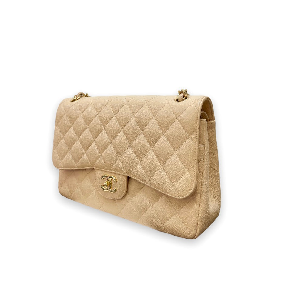 CHANEL Classic Jumbo Double Flap Bag Cream Caviar Leather  ALB