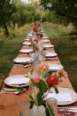 table set with beige ceramics and flowers in an apple orchard