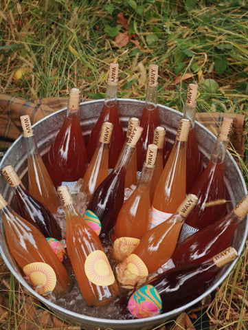 a bucket full of wine bottles