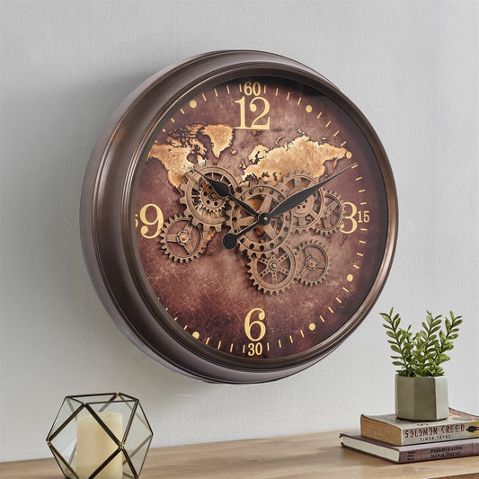 CLXEAST 24 Inch Large Real Moving Gear Wall Clock for Living Room Decor,Big  Industrial Rustic Steampunk Wall Clock,Vintage Metal Bronze Gold Wall