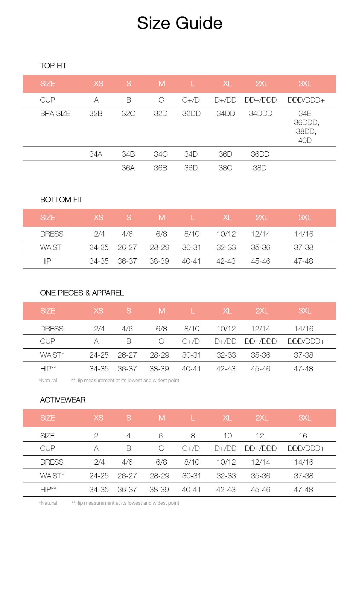 Salty Honey Size Guide