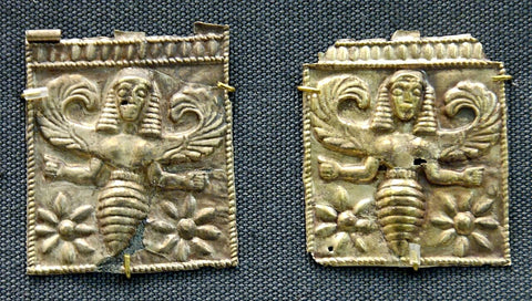 Held in the British Museum, these ancient gold plaques which depict bee goddesses, allegedly the Thriai, were discovered at Camiros, Rhodes, and date back to the 7th century BCE.