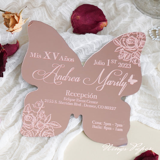 XV Años Invitations, Gold Butterfly Mirror Quinceañera Invitation