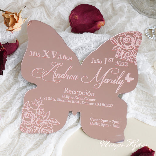 XV Años Invitations, Gold Butterfly Mirror Quinceañera Invitation Card –  NingsPaper