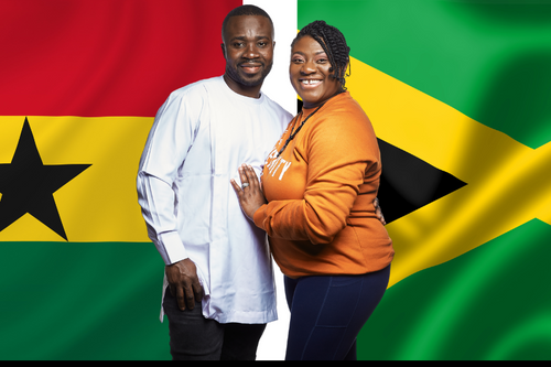 Owners of United People Apparel with Ghana & Jamaican Flags as their background