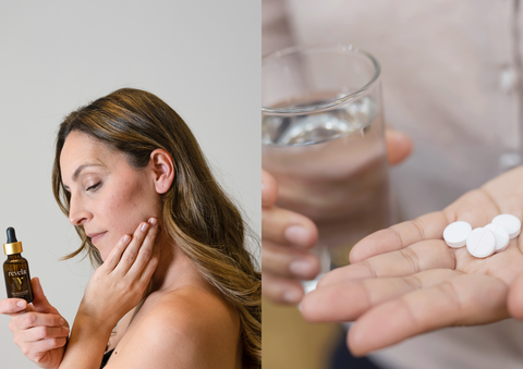 Woman holding Revela hair revival serum and woman holding pills