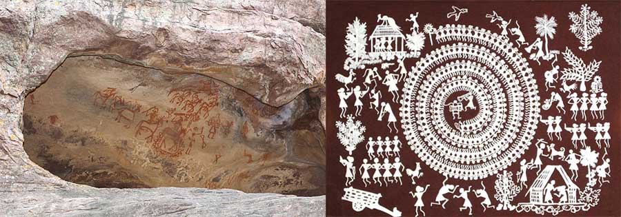 Rock Shelters of Bhimbetka, in Madhya Pradesh (Left); Warli Painting (Right)