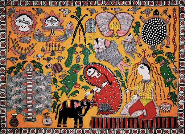 A Kohbar-style Madhubani Painting showing aspects of daily life