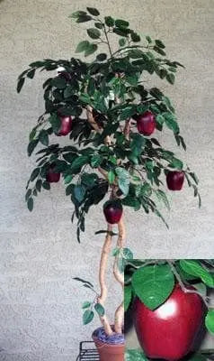 64 inch Artificial Silk Apple Tree w Apples Made on Natural Wood