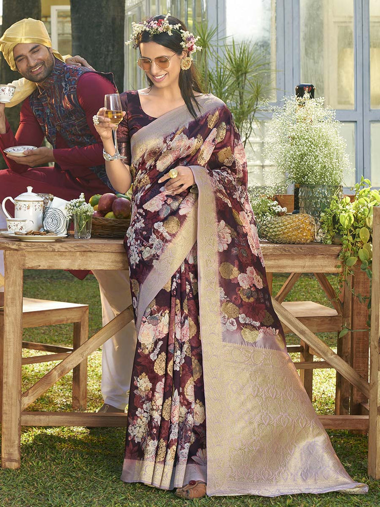 Wine Red Saree In Satin Silk With Floral Print