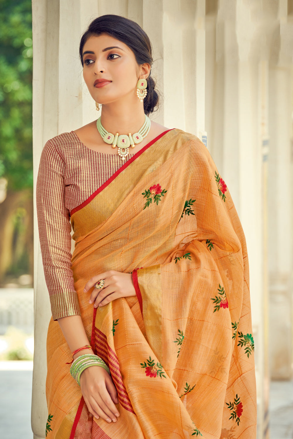 Blush Pink Linen Saree With Zari Weaving – Bahuji - Premium Silk