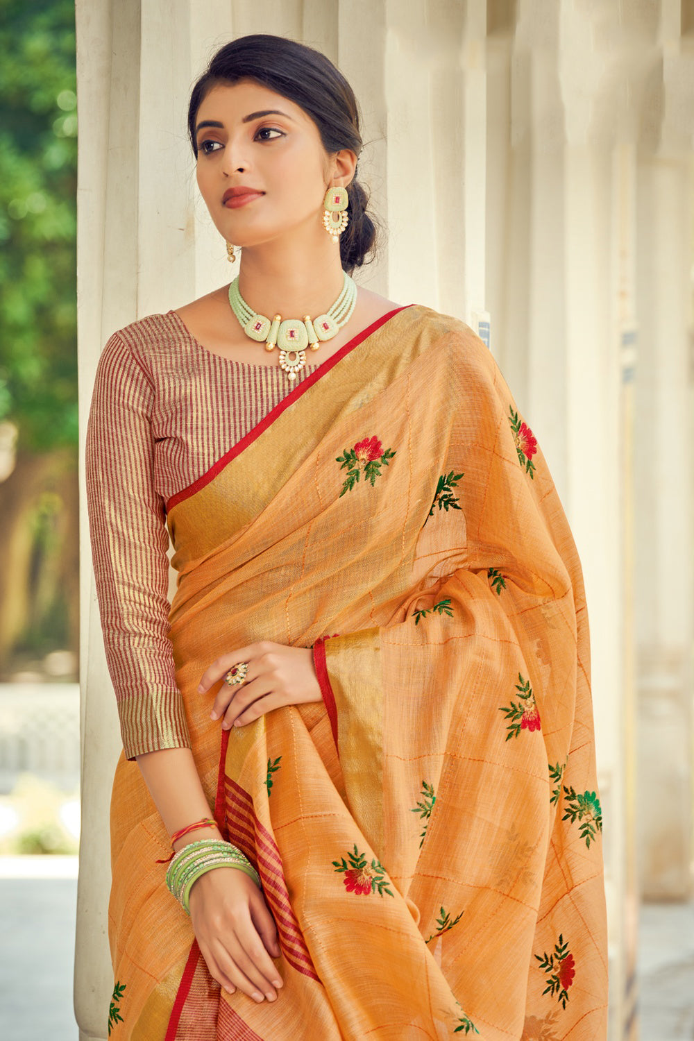 Light Orange Linen Saree With Weaving Work – Bahuji - Online Fashion &  Lifestyle Store