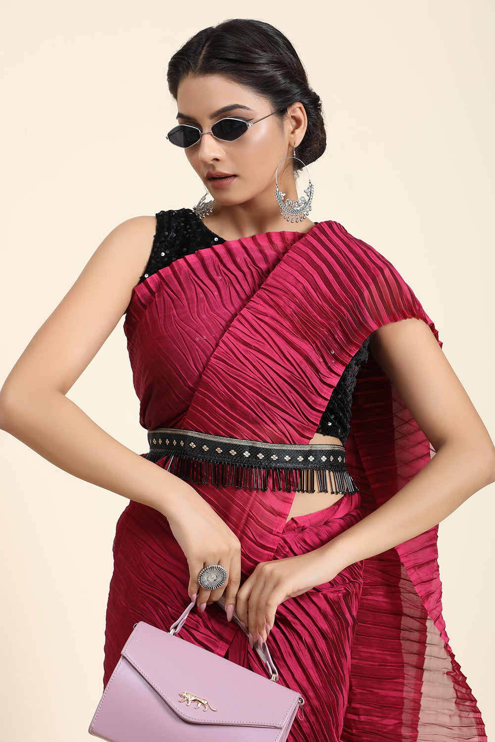 Dark Red Pleated Rangoli Silk Saree With Belt – Bahuji - Online