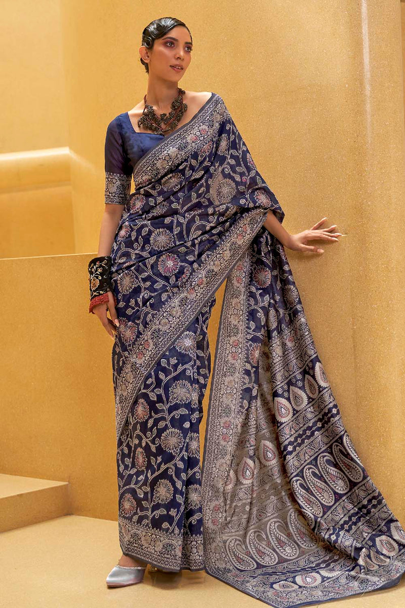 Blue Colour Lucknowi Chikankari Weaving Work Saree – Bahuji - Premium ...