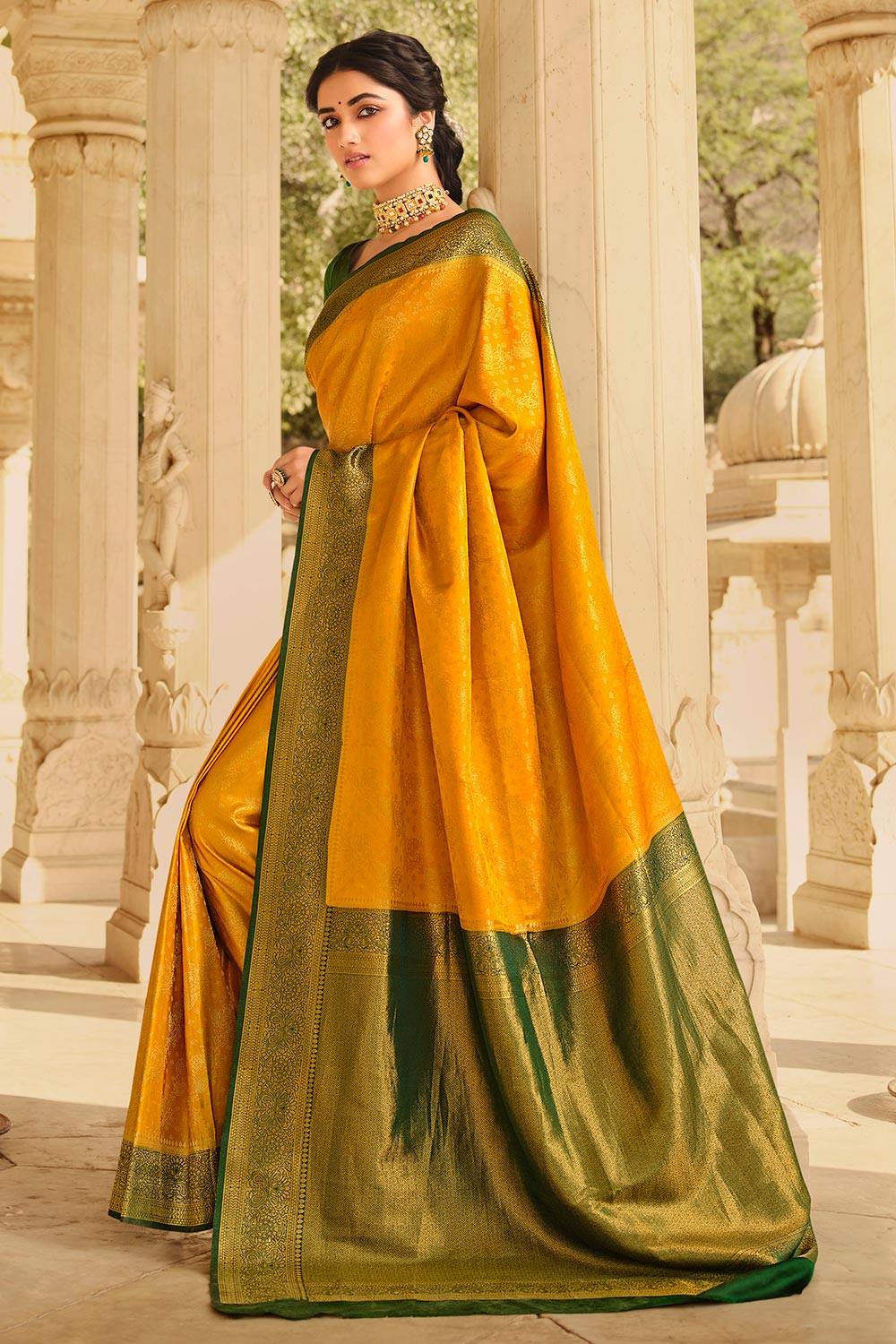 Stylish Banarasi Silk Yellow Woven Design Saree with Blouse piece Color:  Yellow Fabric: Art Silk Type: Saree with Blouse piece Style: Woven Design  Design Type: Banarasi Silk Saree Length: | gintaa.com