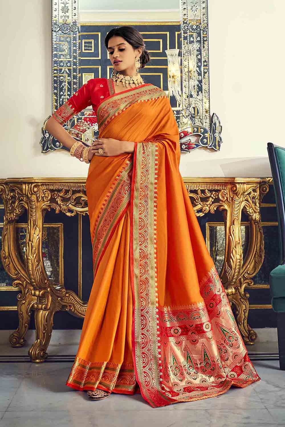 Which colour blouse can go with an orange saree? - Quora