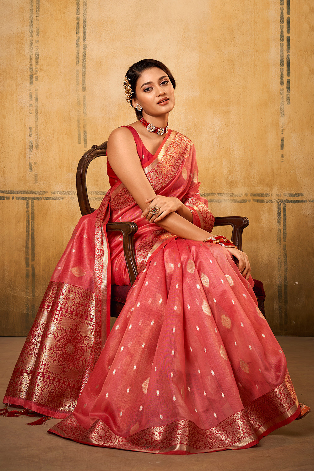 Blush Pink Linen Saree With Zari Weaving – Bahuji - Premium Silk