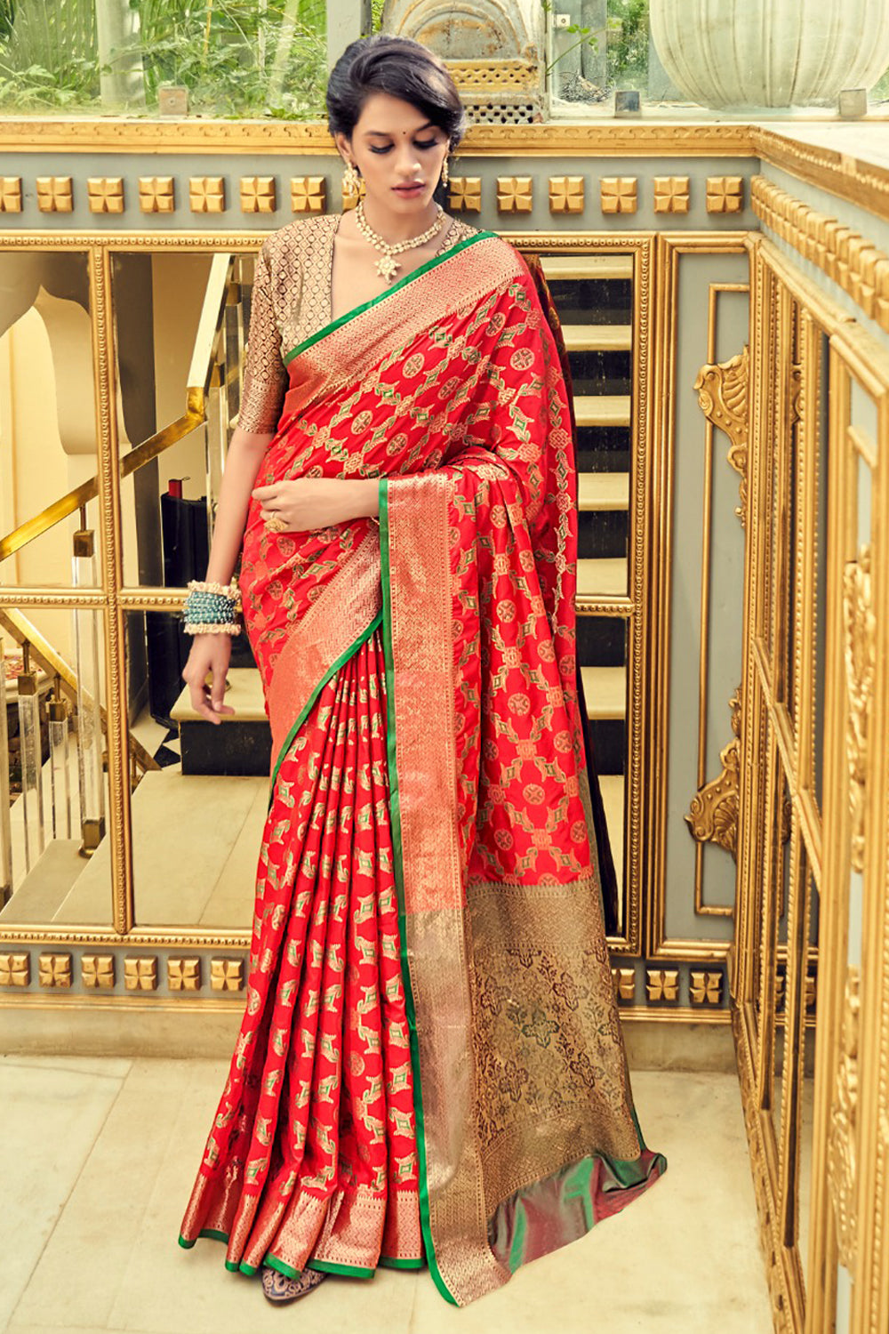 Red & Green Banarasi Silk Woven Wedding Saree – Shopgarb Store