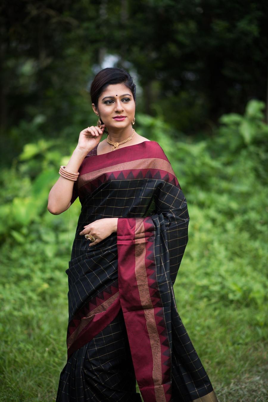 Beauty Black Soft Raw Silk Saree With Checks Blouse Bahuji Premium Silk Sarees Online