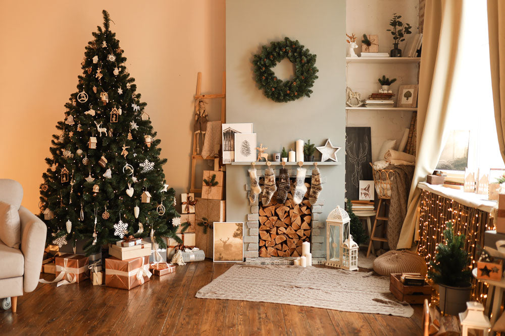 Mantel decorated with holiday decor