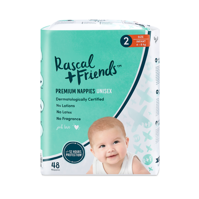Rascal+Friends Premium Adhesive Infant Nappy Diapers Size 2 (4-8 Kgs) - 48  Pieces, Peekaboo
