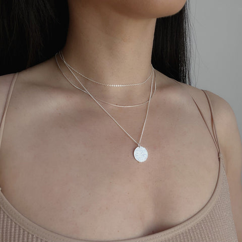 Solid Pavé Disc Necklace in Sterling Silver