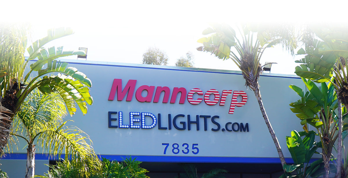 Manncorp and ELEDLights sign above entrance