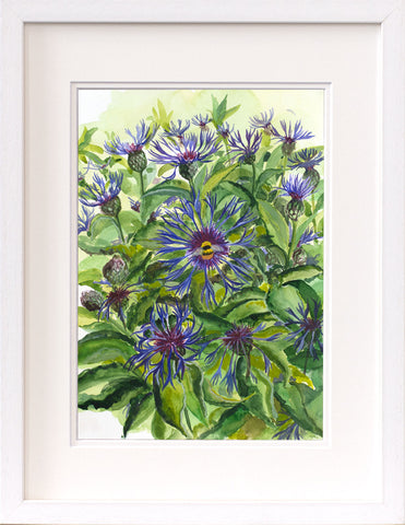 framed print of a watercolour painting of bees on cornflowers