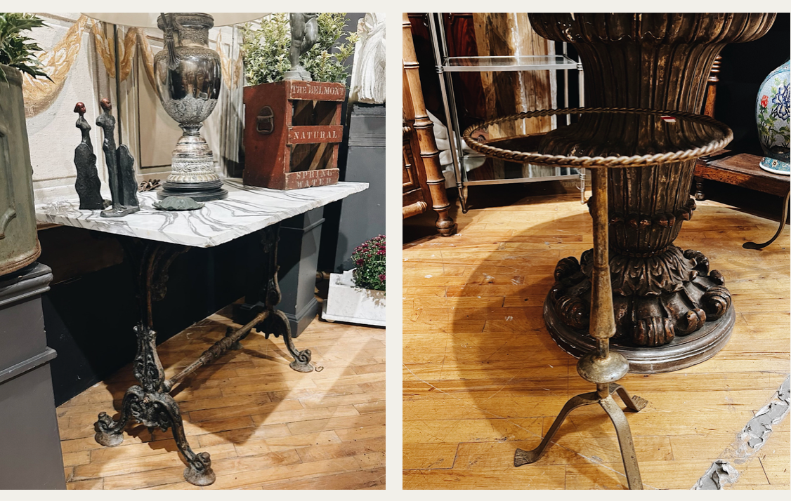 Two side by side images featuring antique tables that were sourced for the Shoppe. The first is an iron base with marble tabletop, and the second is a slender brass base with glass-like tabletop.