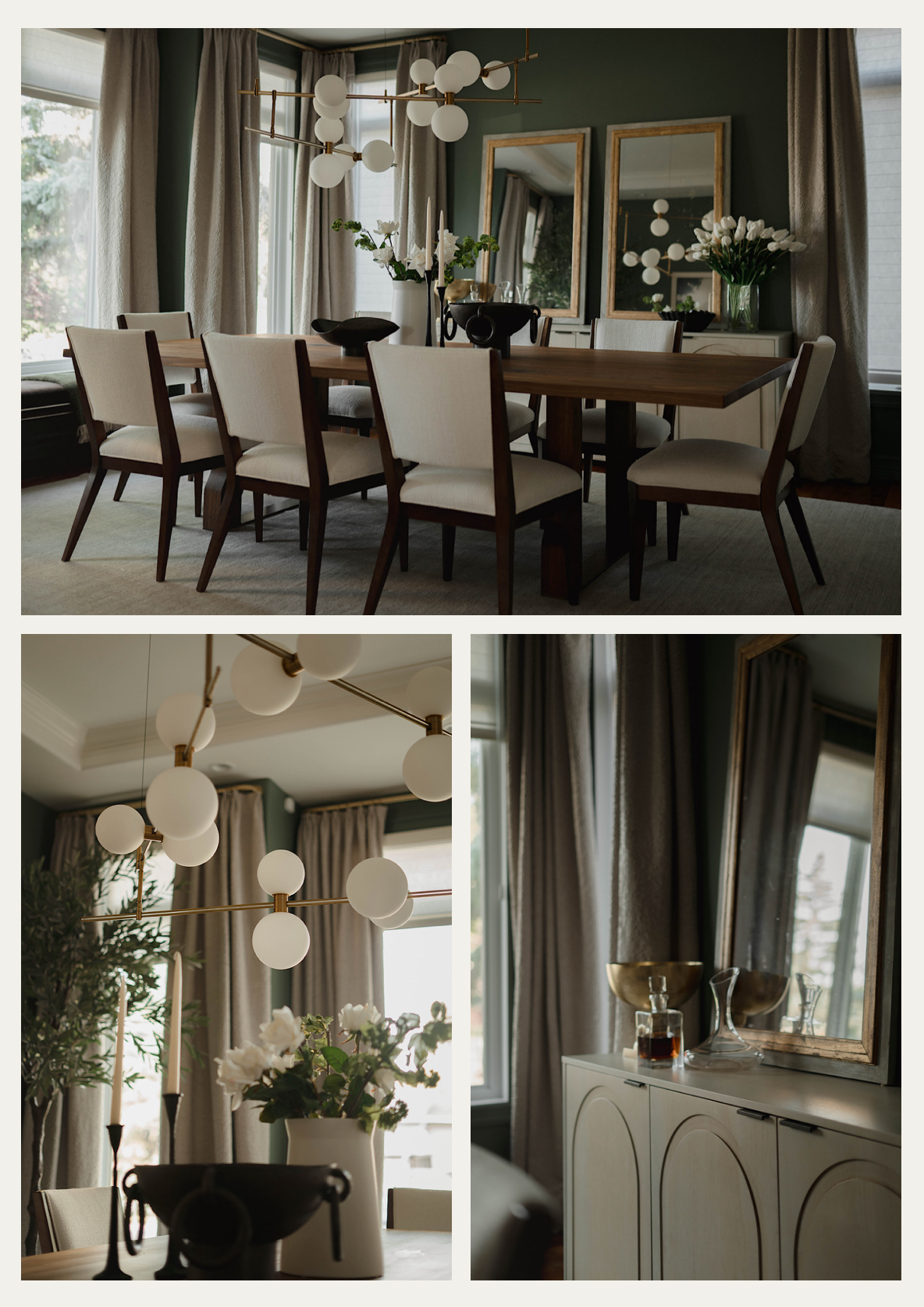 Three images depicting the dining room design of Stephenson House interior design project, City Proper. Located in Edmonton, Alberta.