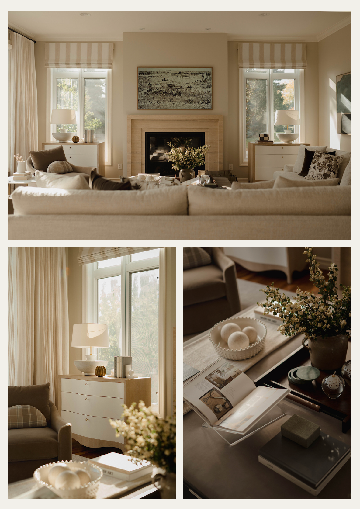Three images depicting Stephenson House interior design project City Proper in Edmonton's Glenora neighbourhood. The images feature elevated living room design.