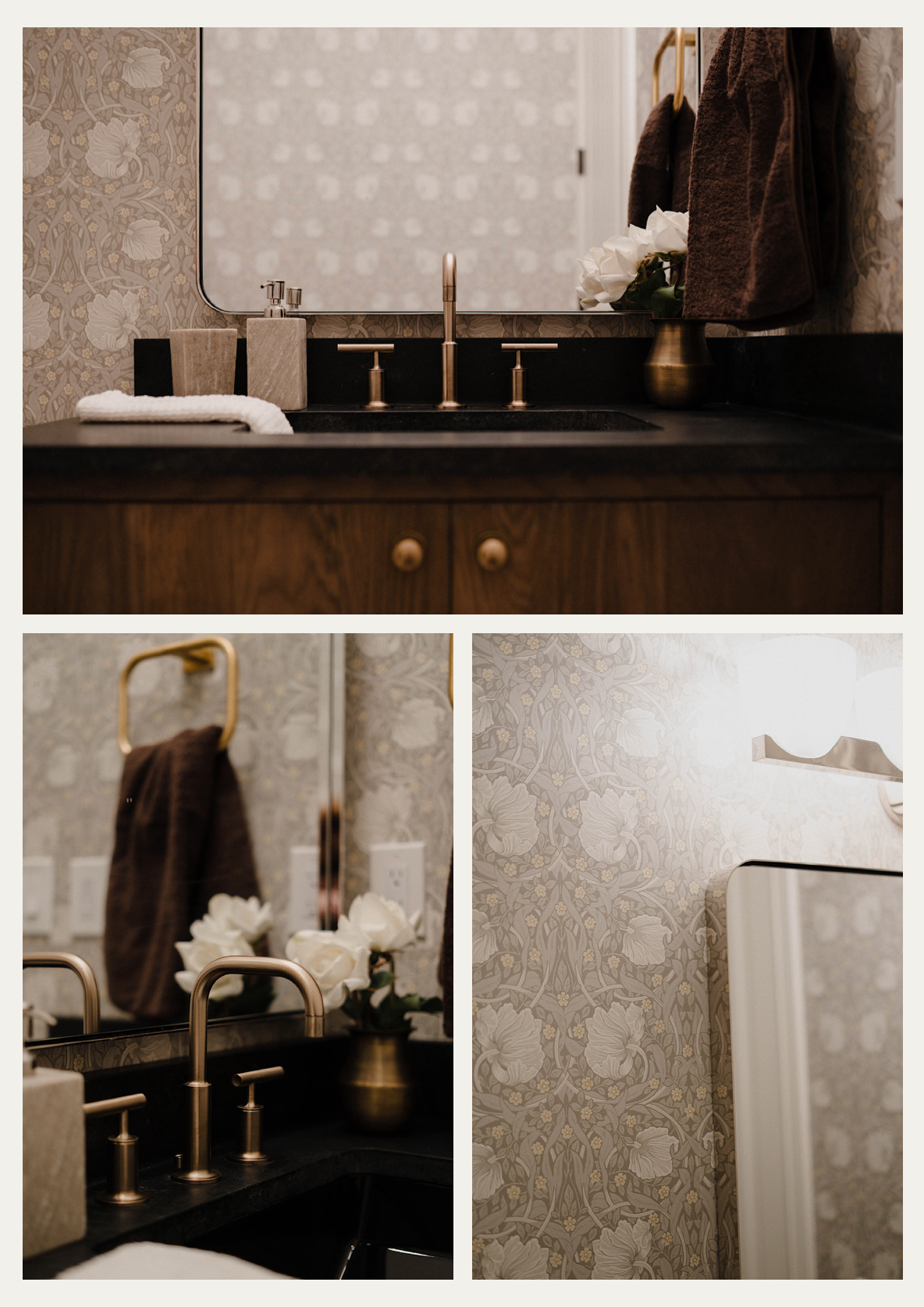 Three images depicting the powder room design of Stephenson House interior design project, City Proper.